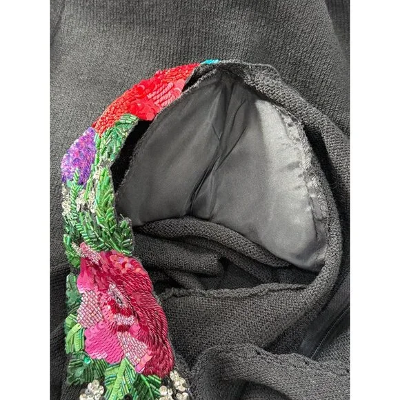 Don Sayres Wellmore Black Santana Knit Dress Floral Applique USA 80s Vtg Size 10 - Picture 6 of 8